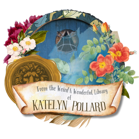 A decorative label featuring floral designs and the name "Katelyn Pollard."