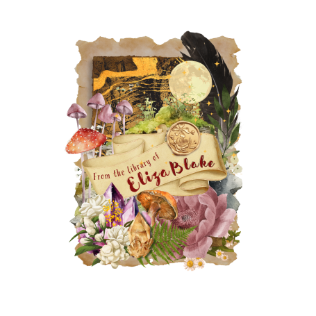 A whimsical design featuring mushrooms, flowers, and text, "From the diary of Elise Blake."