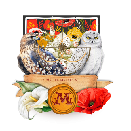 Illustration featuring a quail, owl, and flowers with a decorative banner.