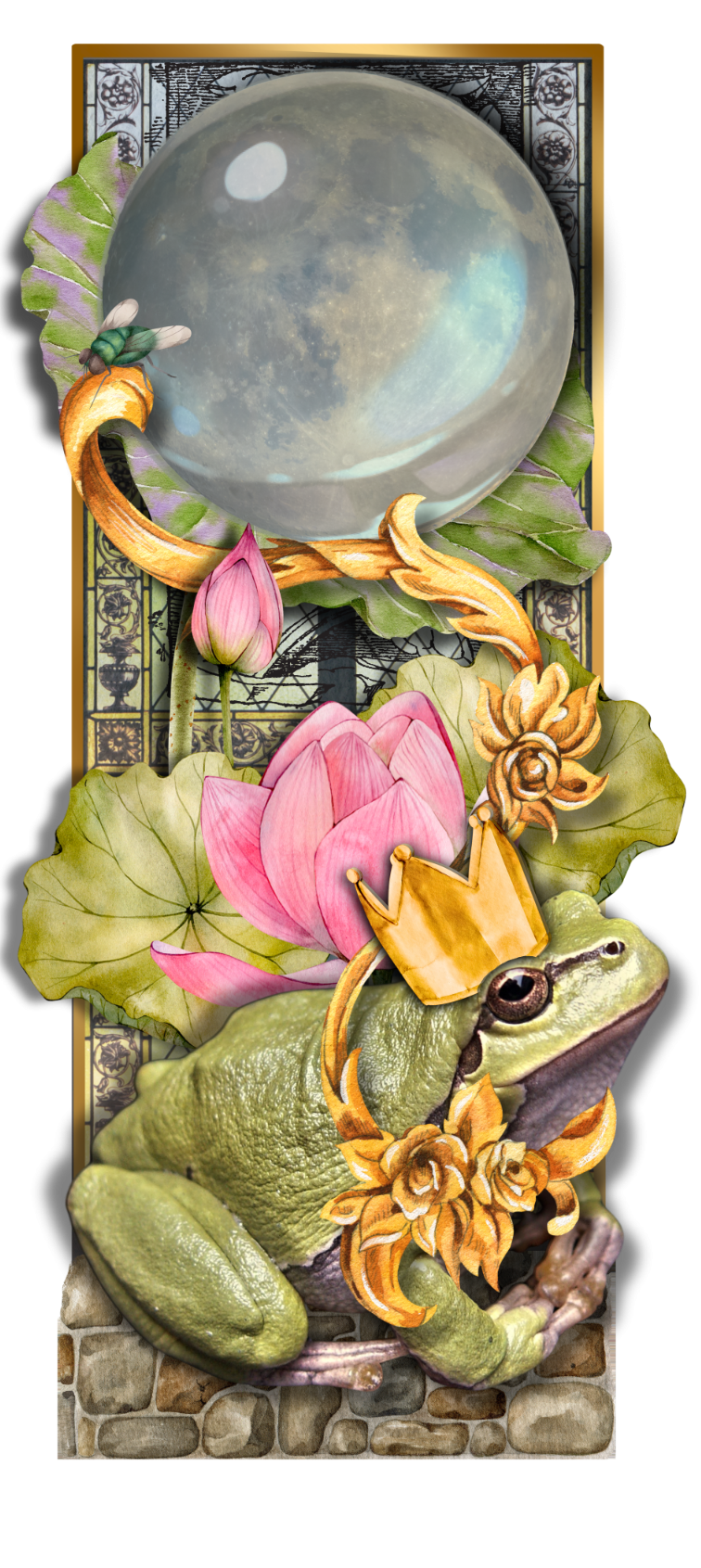 A frog among lotus leaves and flowers under a crescent moon and starry sky.